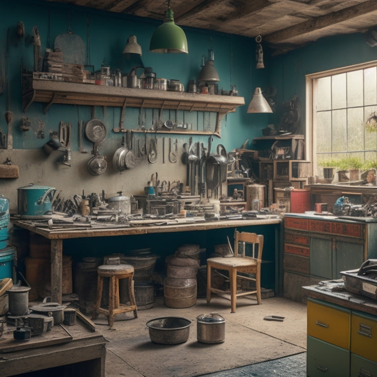 A cluttered workshop with various mixers and power tools scattered around, with a few renovation projects in progress, such as a half-tiled wall and an open cabinet with pipes exposed.