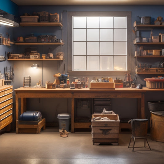 An organized workshop with a tidy workbench, a toolbox with labeled drawers, and a pegboard with neatly hung tools, surrounded by a clean floor and well-lit walls.