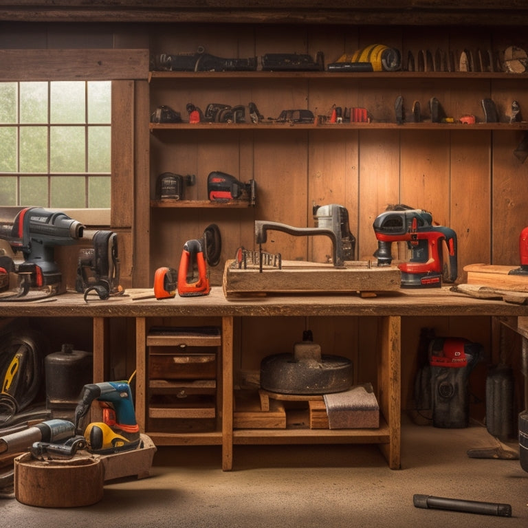 An organized workshop with a refurbished wooden workbench, surrounded by used power tools like a cordless drill, circular saw, and impact driver, with a few scattered renovation plans and worn gloves.