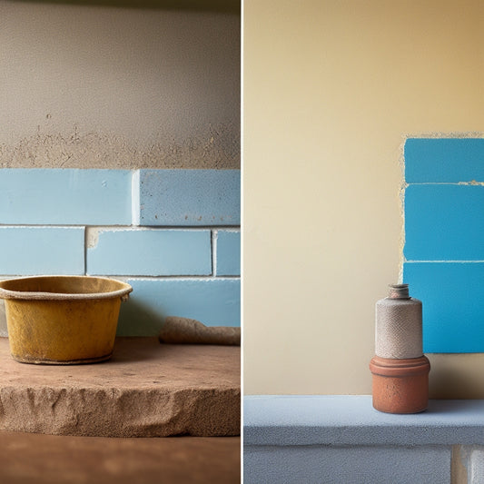 A split-screen image: a cracked, weathered cement block wall on the left, and a restored, sealed wall with a subtle sheen on the right, with a faint hint of a trowel and sealant bottle in the background.