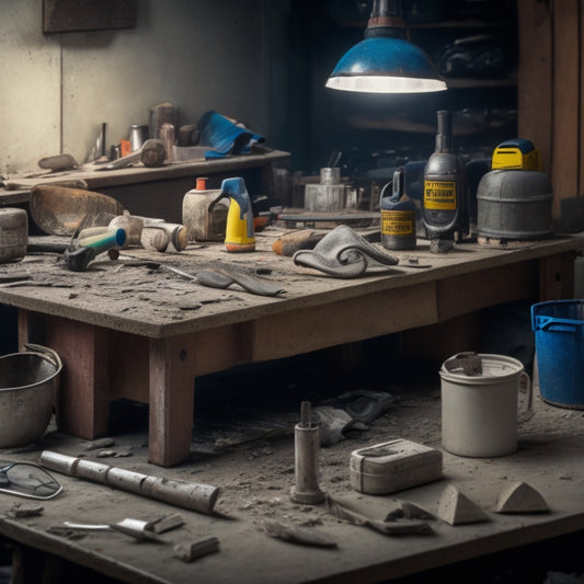 A cluttered workbench with various concrete renovation tools scattered across it, including a cordless drill, trowel, mixing bucket, and safety goggles, surrounded by concrete fragments and dust.