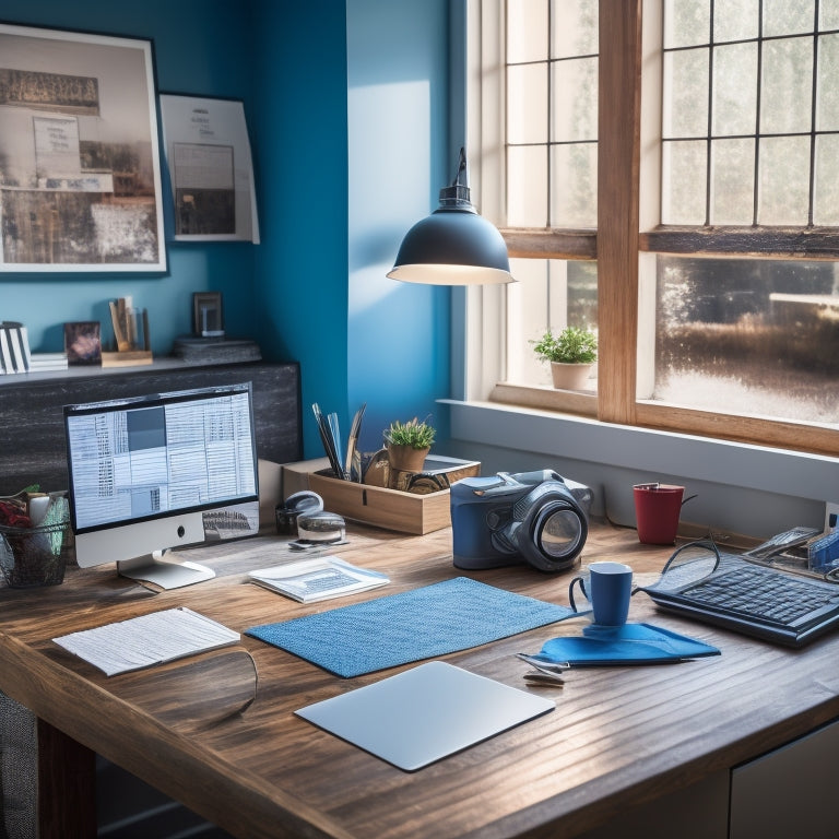 A tidy, organized home office desk with a laptop open to an Excel spreadsheet, surrounded by renovation plans, color swatches, and a small calculator, set against a subtle background of a partially renovated room.