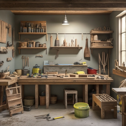 A clutter-free, well-organized workshop with a wooden workbench, surrounded by various renovation tools and materials, including a bucket of plaster, trowels, putty knives, and a mixing tray, with a partial wall renovation in the background.