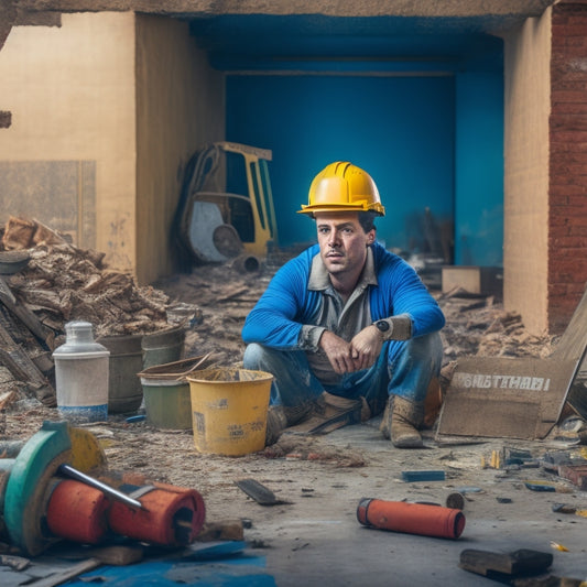 A cluttered construction site with scattered tools, broken tiles, and torn wallpapers, surrounded by stacks of pricey materials and a lonely, half-demolished wall with a shocked expression drawn on it.