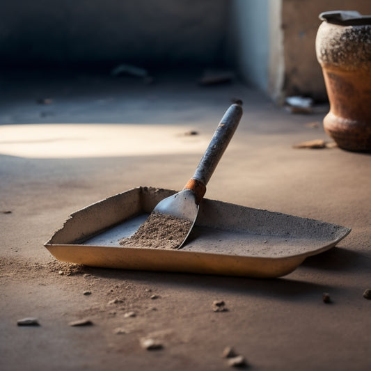 A worn, rusty trowel lies broken on a dusty, cracked concrete floor, surrounded by crumbling plaster and debris, contrasted with a sleek, shiny, high-quality trowel standing upright in the background.
