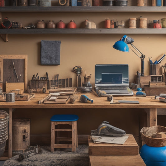 A clutter-free, well-organized workspace with a variety of renovation tools and accessories, including a cordless drill, level, and measuring tape, arranged neatly on a wooden workbench or table.