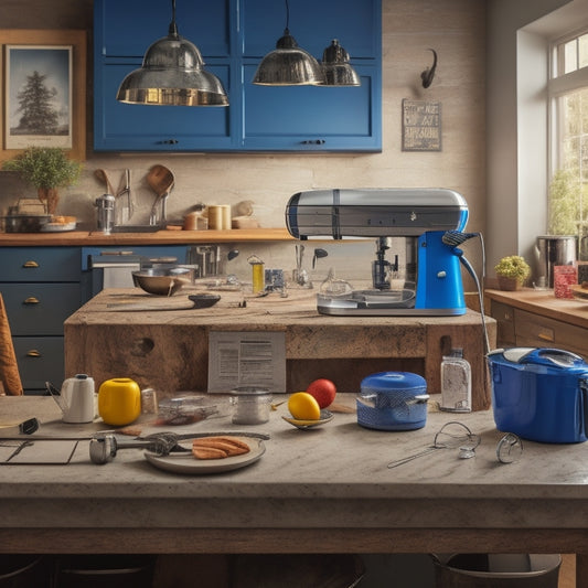 A cluttered home renovation workspace with a half-installed kitchen island, surrounded by power tools, scattered blueprints, and a prominent, shiny new mixer on a dusty countertop amidst the chaos.