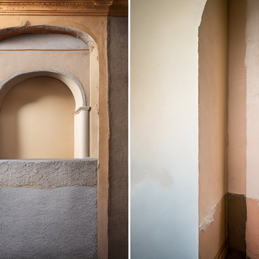 A split-screen image: a cracked, weathered stucco wall on the left, next to a renovated wall with smooth, creamy stucco and a subtle texture, showcasing a stark contrast in quality and appearance.