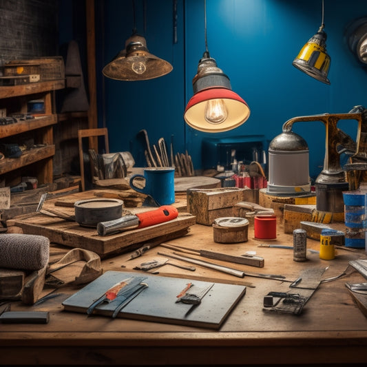 A cluttered, well-lit workshop table with a variety of DIY tools and materials, including a tape measure, level, hammer, drill, paintbrushes, and a half-painted wall sample in the background.