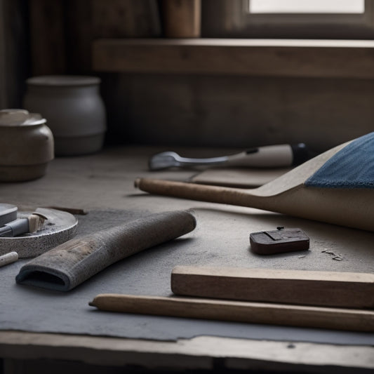 A worn, wooden-handled plaster trowel lies diagonally across a dusty, worn-out checklist on a wooden workbench, surrounded by scattered renovation tools and a faintly visible blueprint.