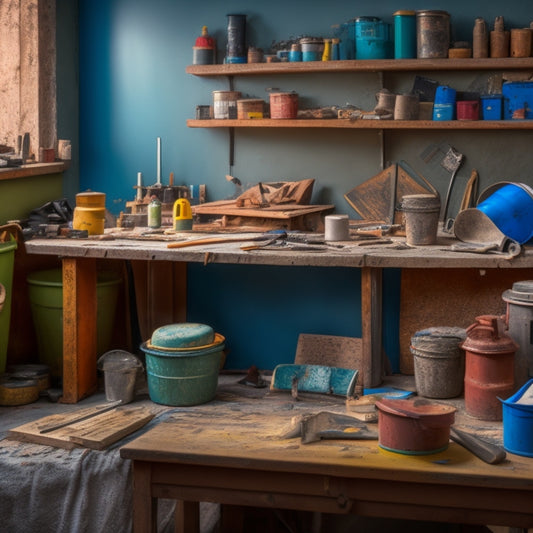 A cluttered workbench with a partially repaired plaster wall in the background, surrounded by various tools and materials, including a putty knife, trowel, sandpaper, and buckets of joint compound.