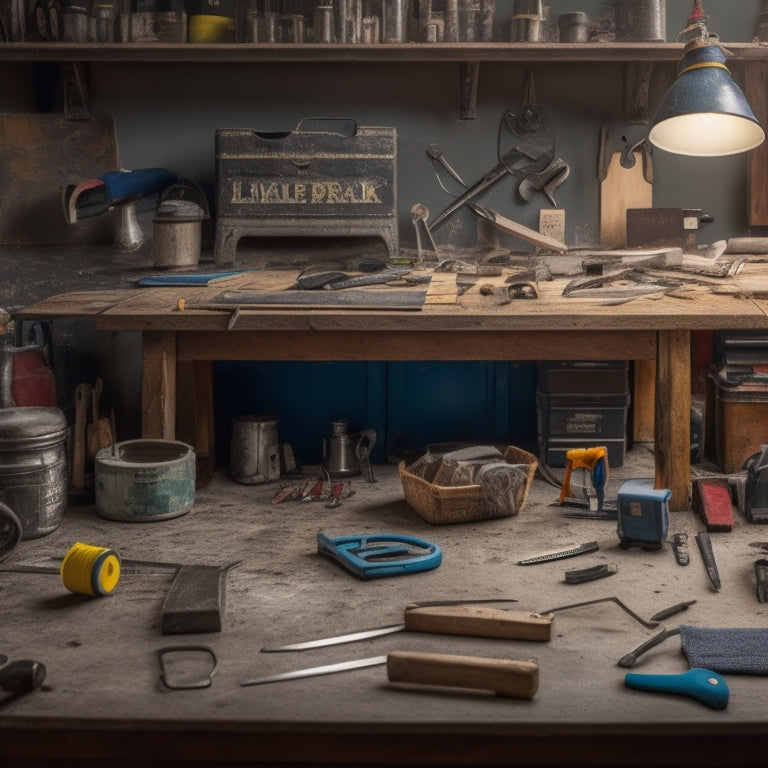 A cluttered but organized workbench with a variety of tools, including a tape measure, level, wrench, and pliers, surrounded by scattered DIY manuals and a half-finished renovation project in the background.