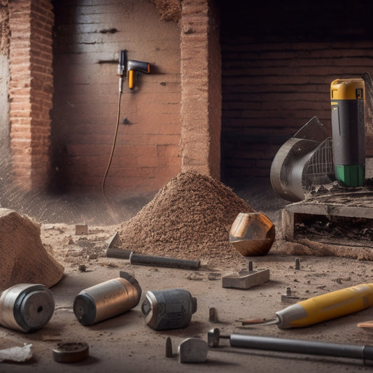 A messy renovation site with a masonry wall in the background, surrounded by dust and debris, with various core bits and drills scattered around, and a prominent core drill bit in the foreground.
