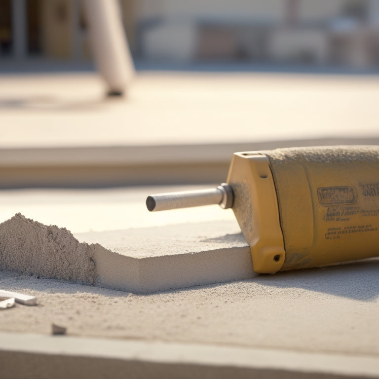 A close-up shot of a stucco removal tool, such as a scraper or grinder, surrounded by fragmented stucco pieces and dust, with a blurred exterior renovation project in the background.