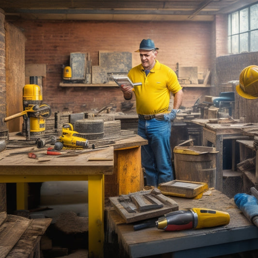 A cluttered workshop with a beginner renovator, wearing a yellow hard hat and holding a tablet, surrounded by various demo tools, including a cordless drill, impact driver, and pry bar, amidst a backdrop of torn wallpaper and exposed brick.
