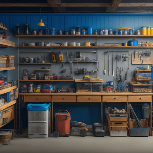 A clutter-free garage with organized toolboxes, labeled bins, and a pegboard adorned with hanging tools, amidst a backdrop of renovation materials like lumber, pipes, and paint cans.