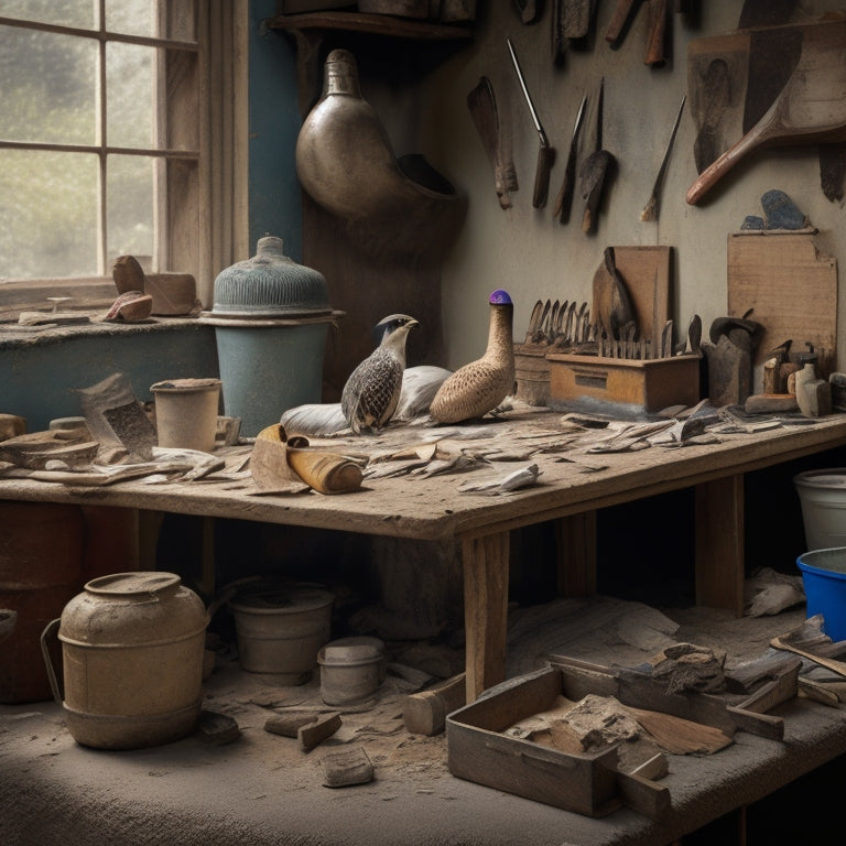 A cluttered workbench with various plaster tools, including a hawk, trowel, joint knife, and putty knife, surrounded by scattered plaster dust, buckets, and renovation debris.