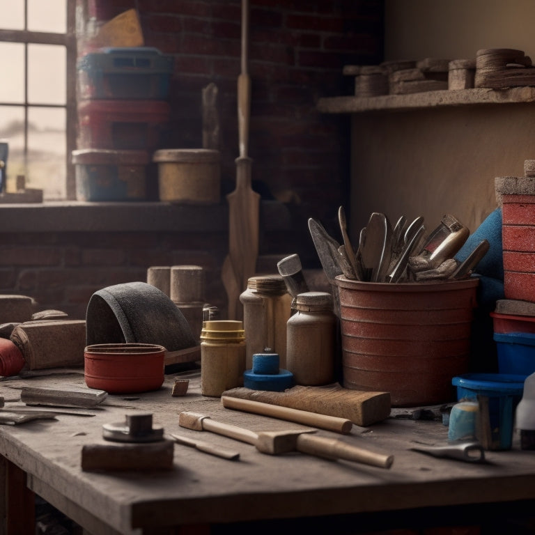 A cluttered workbench with various DIY masonry tools and supplies, including a level, trowel, mixing bucket, and stacks of bricks, surrounded by a blurred background of a home renovation project.