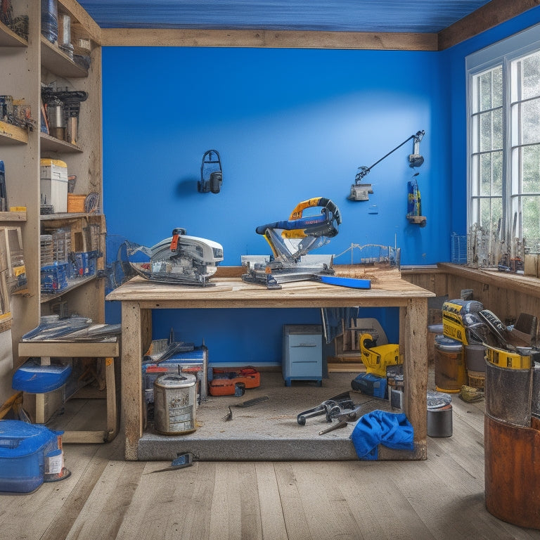A cluttered but organized workspace with a renovated room in the background, featuring a miter saw, power drill, and level on a workbench, surrounded by paint cans, sandpaper, and a measuring tape.