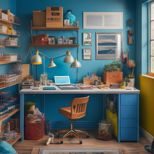 A cluttered but organized DIY workstation with various premixed products from top brands like Behr, Benjamin Moore, and Sherwin-Williams, surrounded by renovation tools and half-finished projects.