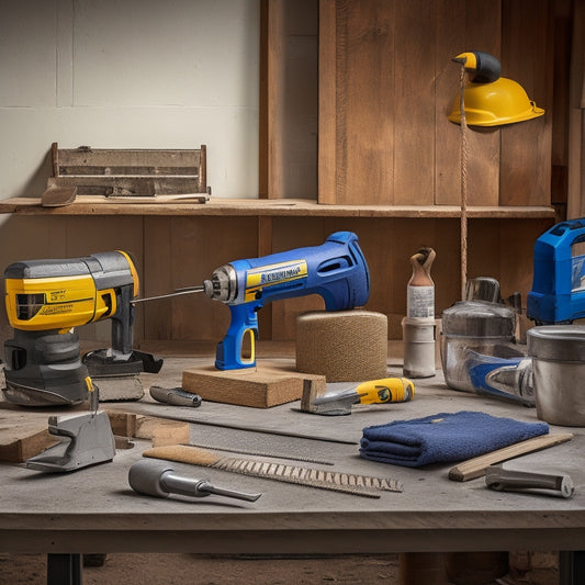 Image of a workshop with a variety of power tools on a workbench, including a plaster mixer, orbital sander, and a reciprocating saw, with plastering equipment and renovation materials in the background.