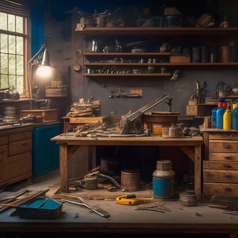 A cluttered workshop with scattered tools and materials in the foreground, contrasting with a tidy, organized toolbox in the background, with a small renovation project (e.g., a renovated shelf or cabinet) in progress.