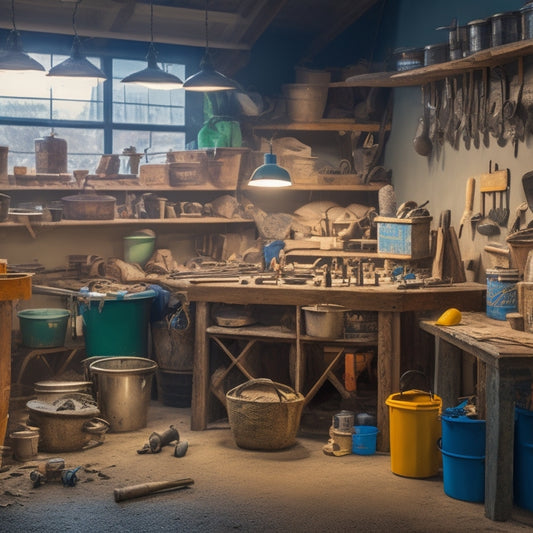 A cluttered, well-lit DIY workshop with multiple plaster mixers of varying sizes and brands on a wooden workbench, surrounded by buckets, trowels, and partially completed renovation projects.
