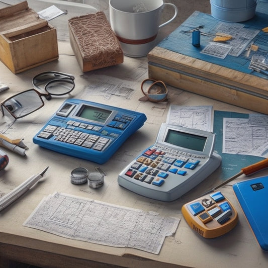 A cluttered workspace with scattered blueprints, pencils, and calculators, featuring three prominent mix calculators with various buttons and screens, surrounded by construction hats and tools.
