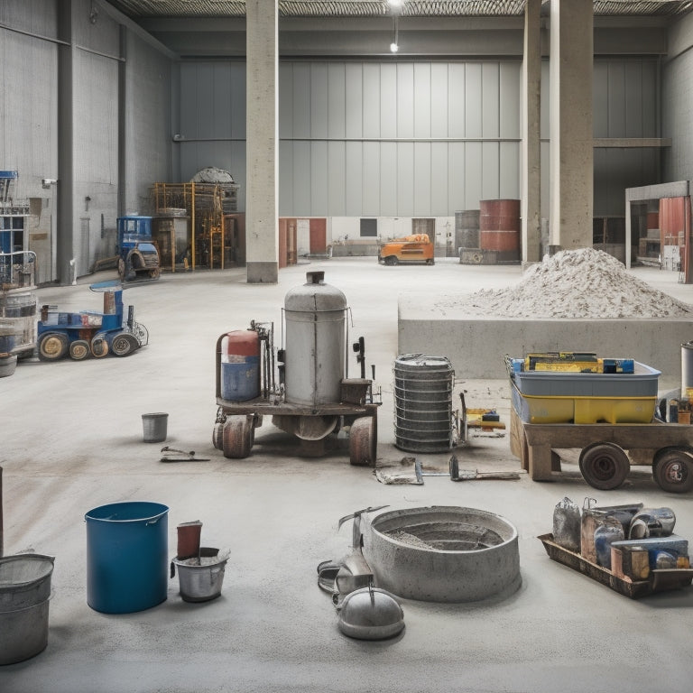 A clutter-free workshop with a prominent cement storage silo, surrounded by organized tools and equipment, including a mixer, trowel, level, and safety gear, on a clean concrete floor.