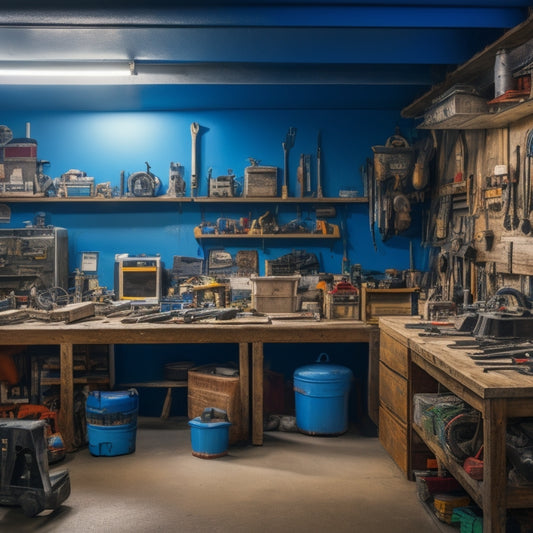 A cluttered garage or workshop with various tools and equipment, such as drills, saws, and ladders, with a few tools highlighted in a bright color, surrounded by renovation blueprints and notes.