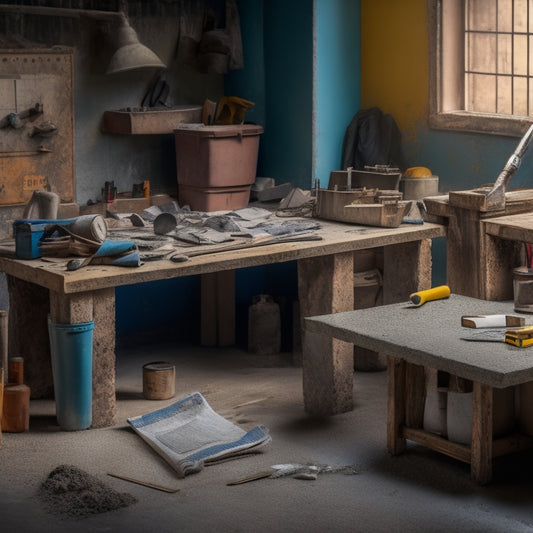 A cluttered workbench with various cement finishing tools, including a level, trowel, edger, and float, surrounded by partially mixed cement and scattered blueprints, with a blurred background of a construction site.