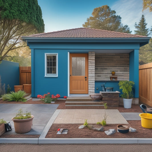A photograph of a renovated cinder block home's exterior, with a mix of original and refinished blocks, surrounded by scattered renovation tools, including a trowel, level, and wire cutters.