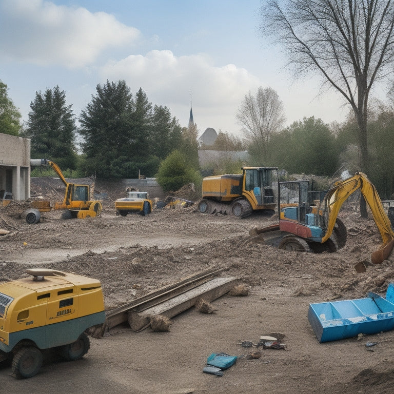 A cluttered residential backyard with a partially demolished house, surrounded by various demolition equipment, including a hydraulic excavator, a wrecking ball, and a dumpster, amidst scattered debris and rubble.