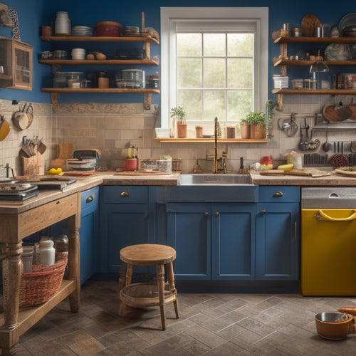 A cluttered kitchen renovation workspace with a mix of standard and specialized tools scattered around a half-installed countertop, sink, and cabinets, with a prominent tile cutter and wet saw in the foreground.