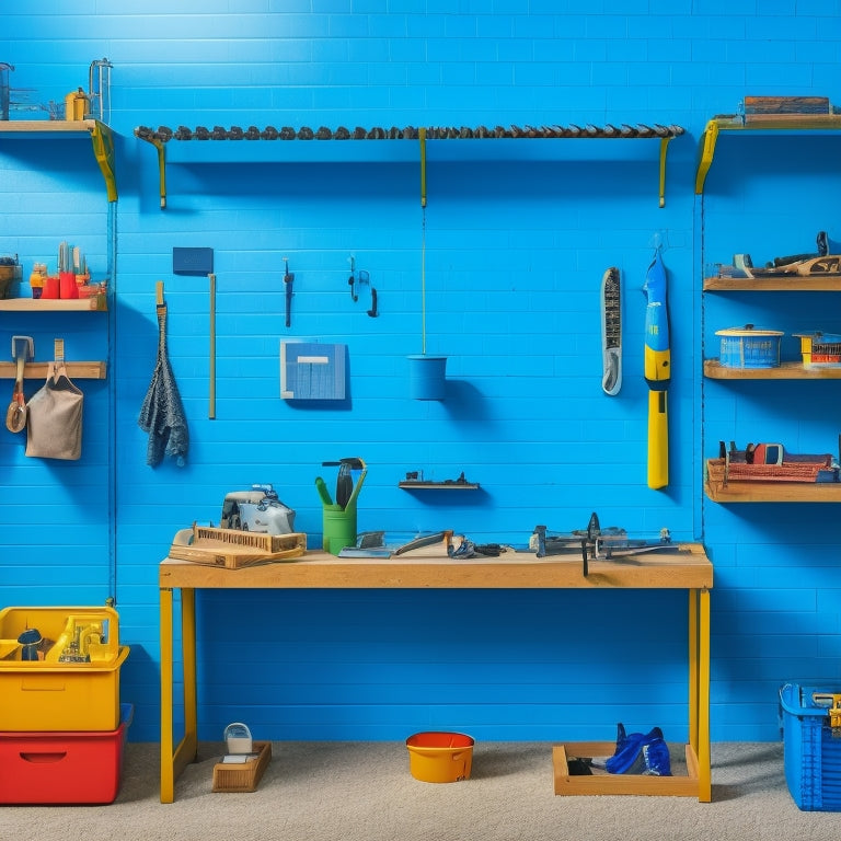 A clutter-free workshop with a central island, surrounded by neatly organized power tools, a pegboard with hanging accessories, and a large, unfolded blueprint on a adjacent wall with colorful renovation markers.