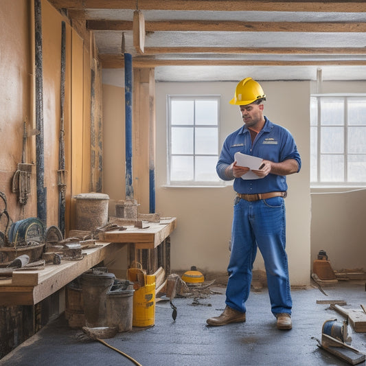 A photograph of a person in a hard hat, holding a clipboard and standing in a partially renovated room with exposed wiring, pipes, and drywall, surrounded by tools and construction materials.