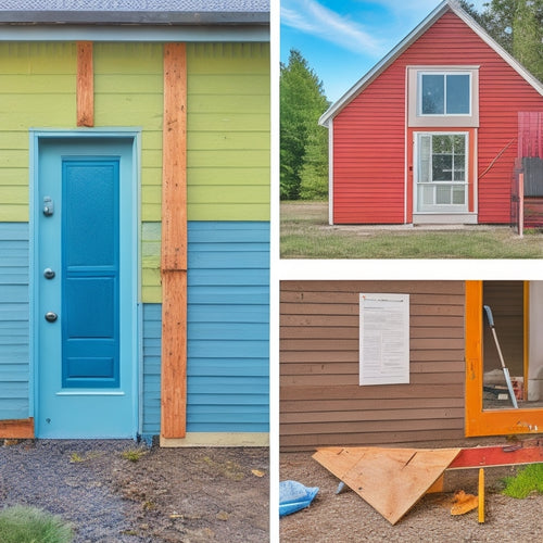 A split-screen image: a chaotic, half-renovated exterior wall with torn siding, exposed insulation, and scattered tools, alongside a neat, organized renovation plan with color-coded notes and diagrams.