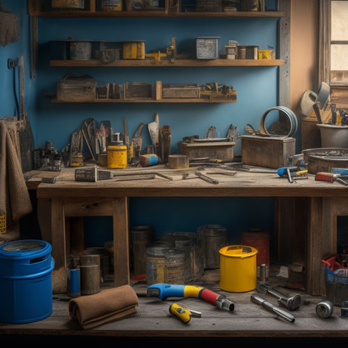 A cluttered workbench with various tools, including a cordless drill, level, tape measure, and wrench, surrounded by renovation materials like plywood, pipes, and paint cans, with a subtle background of a home under construction.