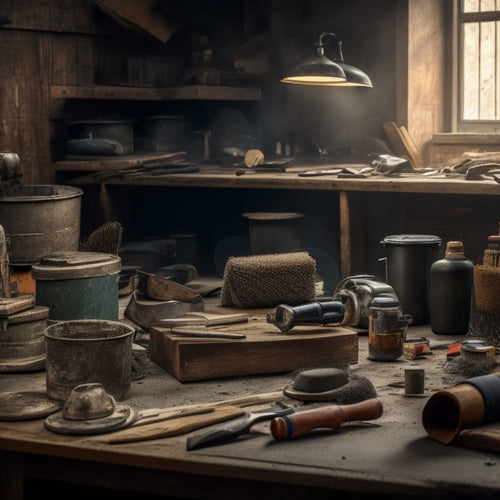 A cluttered workshop background with a variety of surface prep tools organized in the foreground, including a wire brush, scraper, sandpaper, and power sander, with a partially sanded wooden plank and a few scattered dust particles.