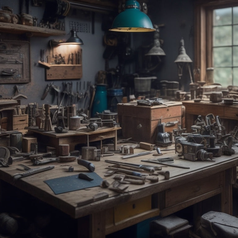 A cluttered workshop with a variety of used tools scattered on a wooden workbench, surrounded by renovation plans, blueprints, and a miniature home model in the background.