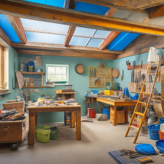 A cluttered workspace with a ladder, buckets of joint compound, and scattered drywall pieces, surrounded by a variety of tools including a putty knife, drill, and level, amidst a backdrop of exposed ceiling joists.