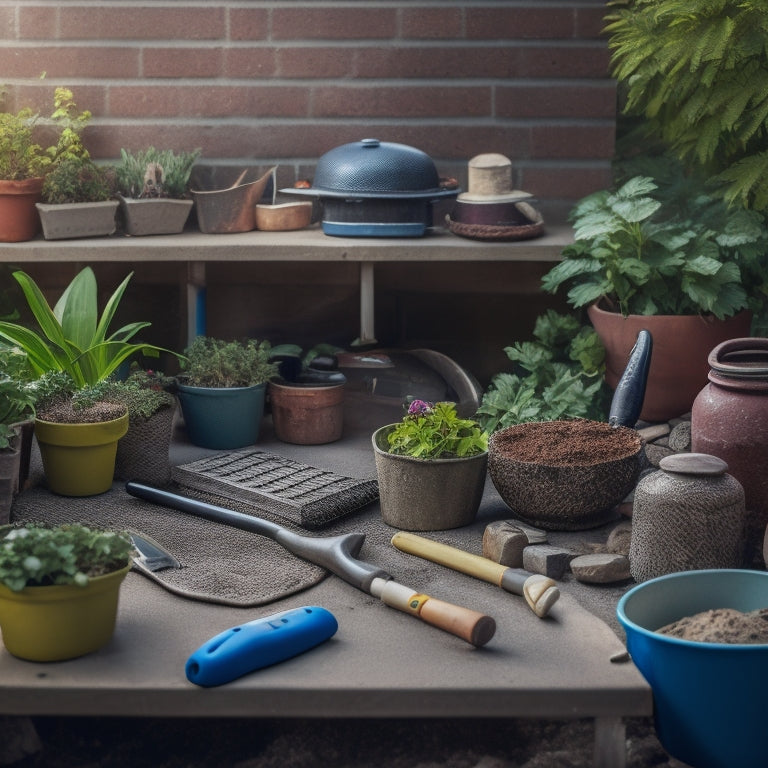 A cluttered but organized garden block workspace with a variety of tools scattered around, including a trowel, level, and gardening gloves, surrounded by pavers, soil, and small plants.