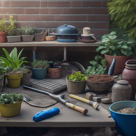 A cluttered but organized garden block workspace with a variety of tools scattered around, including a trowel, level, and gardening gloves, surrounded by pavers, soil, and small plants.