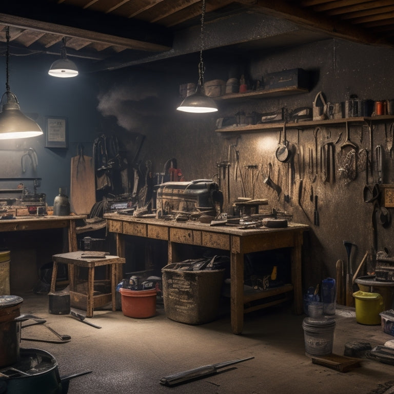 A messy, dimly lit garage workshop with a cracked concrete floor, surrounded by various DIY tools like chisels, hammers, and caulk guns, with a cracked wall in the background.