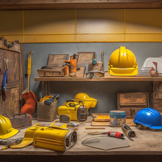 A cluttered workshop background with various renovation tools scattered around, a yellow hard hat and safety goggles hung on a pegboard, a toolbox with a partially open lid, and a checklist clipboard in the foreground.