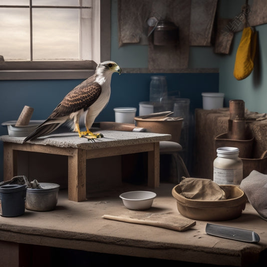 A photo of a workbench with a hawk, trowel, putty knife, sanding block, and mixing bucket, surrounded by bags of plaster and a backdrop of a renovated home's wall with a fresh coat of plaster.