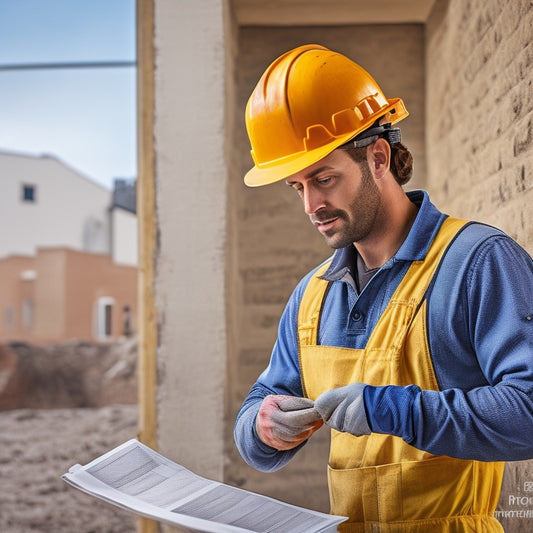 A tradesperson in a yellow hard hat and gloves, holding a trowel and standing in front of a renovation site, with a checklist clipboard in the foreground and a blurred plastering wall in the background.