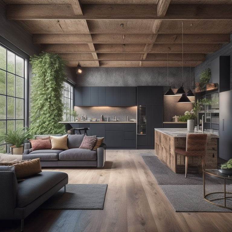 A modern, well-lit basement with a combination of materials: dark-stained wood flooring, sleek grey concrete walls, and a statement ceiling featuring reclaimed wooden beams, surrounded by cozy furniture and lush greenery.