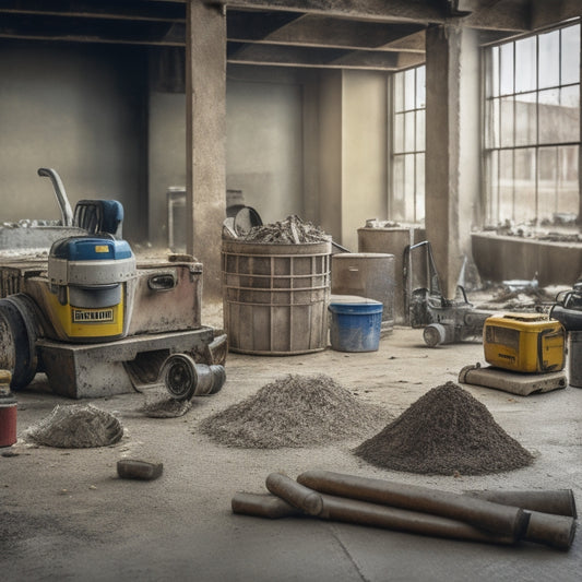 A cluttered construction site with various floor grinding tools scattered around, including a walk-behind grinder, handheld edger, and concrete polisher, surrounded by dust and renovation debris.