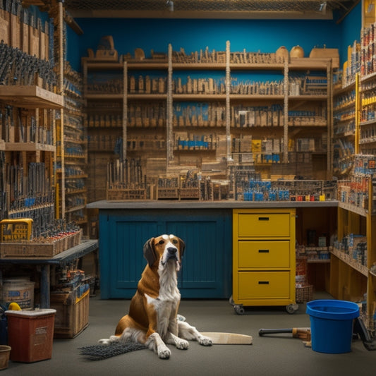 A cluttered but organized tool rental store with rows of shelves stocked with drills, saws, and hammers, a few ladders and wheelbarrows in the background, and a friendly shop dog sitting on the floor.